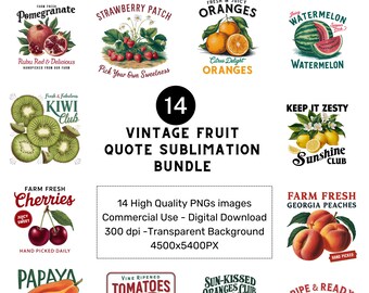 Vintage Fruit Clipart PNG Bundle: Retro Food Illustrations (Digital Download)