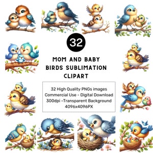 32 PNGs Linda mamá y pajaritos Clipart, vivero de animales del bosque, oso conejito gatito mamá hija hijo día de la madre baby shower Png