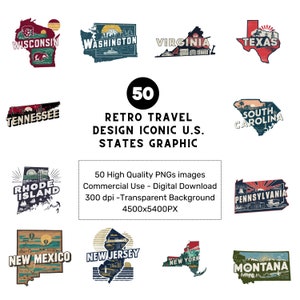 50 PNGs, Retro Travel Design Kultige US Bundesstaaten, PNG Bundle I Global Wahrzeichen Adventure Pack I Iconic Urban Mark I Urlaubs Clipart