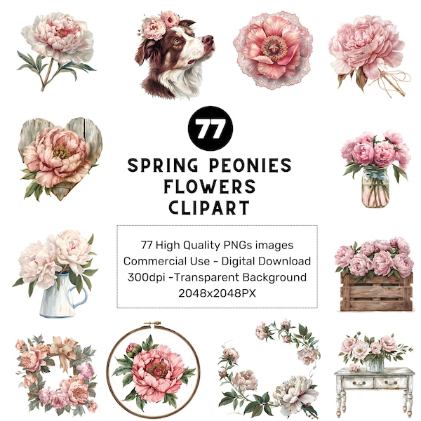 Spring Peonies Flowers Clipart,Floral branches  ,Spring Floral Pink Fresh Bouquets  Premade clipart,  Japanese sakura png