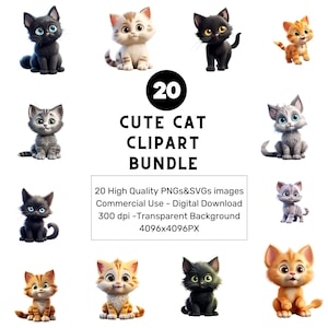 Cute Cat Clipart Bundle, clip art Set of 20 High Quality PNGs, Happy Cats, Cartoon Cat PNG & SVG, Instant Download, Commercial use