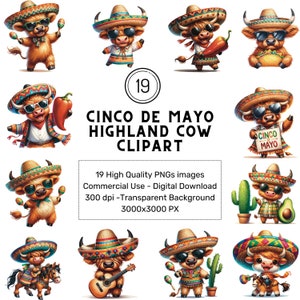 Cinco De Mayo Highland Cow Clipart PNG, Viva Mexico cinco de mayo png, mexicain png, chapeau mexicain Png, Highland Cow sombrero Png, mexicain Png