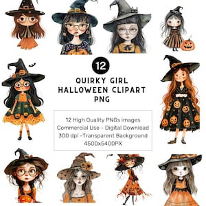 12 Quirky Girl Clipart, Commercial Use, Cute Whimsical Halloween Girl, 300 DPI PNGs, Instant Download, Cute Doll, Halloween Girl Clipart