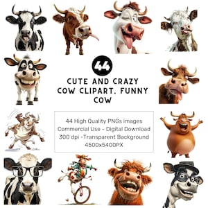 44 PNGs Cute and Crazy Cow Clipart, Funny Cow , Cute Animals Clipart, Funny Cow Face, Commercial Use, Instant Download