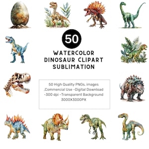 Watercolor Dinosaur Clipart Bundle: 50 PNGs for Nursery & Baby Shower
