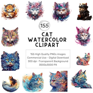 155 Cat Watercolor Clipart Graphic ,,cute Kitten png, Baby Kitten Clipart, Kitten clip art, cat png, commercial use,digital download