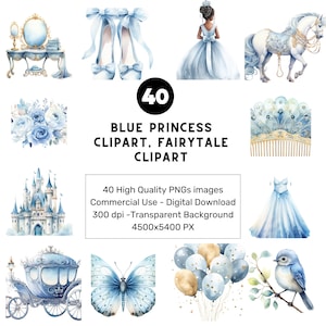 40 PNGs , Cute Princess Clipart Bundle, Watercolor Princess PNG, Blue Princess Clipart, Cinderella Clipart, Fairytale Clipart
