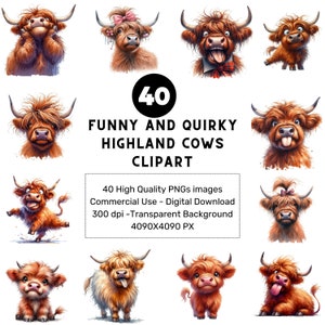 40 clipart engraçado e peculiar de vacas das Terras Altas, JPGs de alta qualidade - Download digital - Criação de cartões, Clip Art, Artesanato em papel digital, Highland