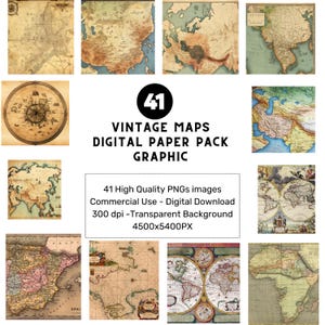 Vintage World Map Digital Paper: Antique Map Scrapbook Pack (41 PNGs)