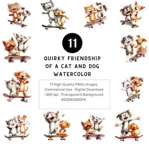 11 Funny Cartoon Watercolor of Cat & Dog on Skateboard – High Res PNG for Scrapbooking, Junk Journaling, Card Making, Digital Download Kit