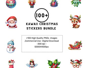 100+ Kawaii Christmas Stickers Bundle | Cute Holiday PNG Clipart | Santa, Reindeer, Snowman, Gifts, Trees | Digital Download