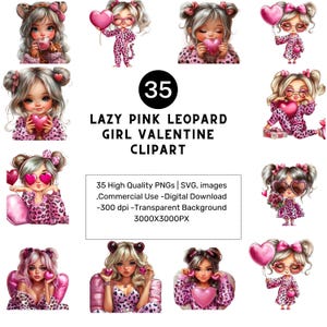 35 png- en svg-bestanden Clipart luie roze luipaardmeisje, schattige cartoon Valentijnsdagontwerpen, aquarelsublimatie voor T-shirts, mokken en cadeaus