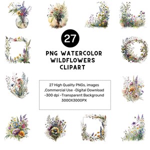 17 Watercolor Wildflowers Clipart PNG, Wildflowers bouquet Clip art, Wildflowers Border clipart, Frame art, Digital Download,Commercial Use