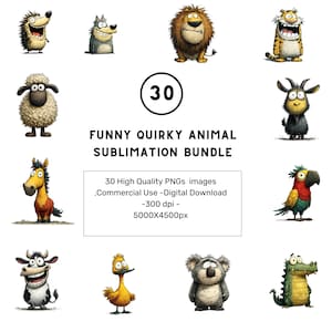Funny Quirky Animal Sublimation Bundle – 30 PNGs | 4500x5400px, 300 DPI | Cute Cartoon Clipart for T-Shirts & Crafts