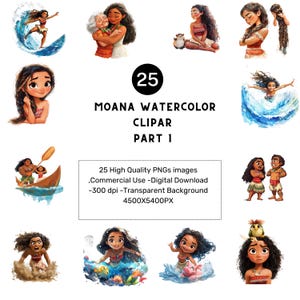 25 png-bestanden Moana aquarel clipart – leuke cartoon png&#39;s, splash art, digitale download met hoge resolutie voor sublimatie