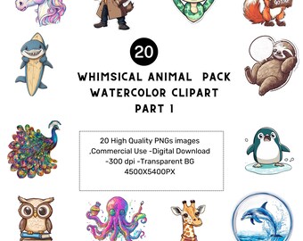 Whimsical Animal Watercolor Clipart: Funny Dog, Cat, Sloth (PNG Digital Download, Commercial License)