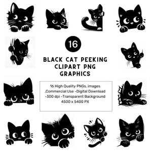 16 Peeking Cat Clipart, Black Cat Clipart, Printable Watercolor clipart, High Quality JPGs, Digital download, High resolution, Paper crafts
