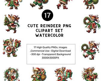 17 Cute Reindeer PNG Clipart Set, Christmas Deer, Watercolor Santa reindeer graphics, Christmas Clipart, Christmas cards, sublimation design