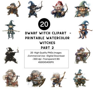 Dwarf Witch Clipart  – Printable Watercolor Witches, High-Res Digital Download for Stickers, Papercraft, Commercial Use -part 2