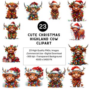 23 Weihnachtshighland Kühe im Eimer Clipart-Set, Weihnachtscliparts PNG, lustige Highland Kuh Clipart, Weihnachtskarten, Basteln und Sublimation