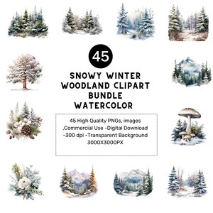 45 Watercolor Winter Woodland Landscape Clipart Bundle, Winter Forest PNG, Winter Wonderland, Snowy Mountains, Card Making, Digital Download
