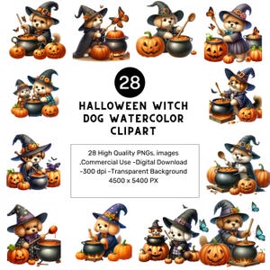 Halloween Witch Dog Watercolor Clipart: 28 PNG Bundle (Digital Download)