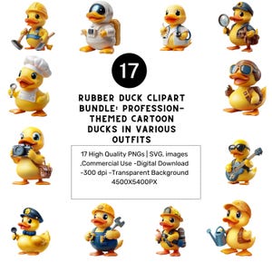 17 png & svg Rubber Duck Clipart Bundle: Profession-Themed Cartoon Ducks in Various Outfits ,Duck tshirt png, Digital download