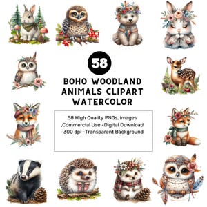 58 Boho Woodland Clipart, schattige bosdieren Clipart, babydieren, Woodland Baby Shower Clipart, Woodland Nursery, Boho Forest Animals