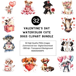 32 Valentijnsdag aquarel schattige honden clipart bundel, PNG's grappige romantische hond illustraties, digitale download, sublimatie, commercieel gebruik