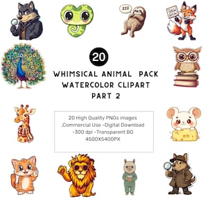 Whimsical Animal Clipart: Funny Watercolor PNGs (Commercial License