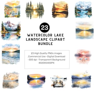 Watercolor Lake Sunrise Clipart Bundle: High-Res PNGs (Digital Download)