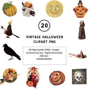 Vintage Halloween Clipart PNG – Retro Costumes, Black Cat, Pumpkins – 20 High-Res Images with Transparent Background