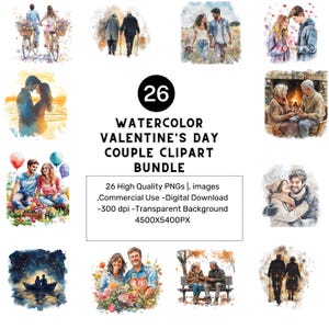 Watercolor Valentine&#39;s Day Couple Clipart Bundle: Love Illustrations (PNG Digital Download)