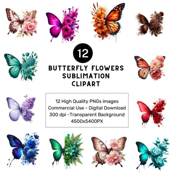 Butterfly Flower PNG Clipart: Spring Sublimation Design (Digital Download, 4500x5400 px)