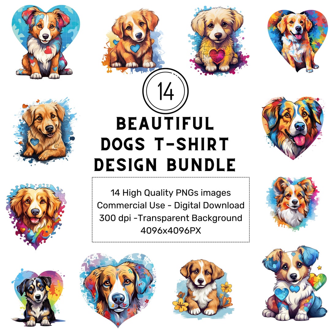 14 Beautiful Dogs T-shirt Design Bundle Dog Breeds Clipart Bundle Cute ...