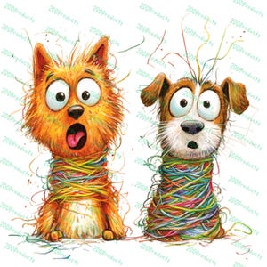 11 Funny Cartoon Watercolor Cat & Dog Tangled in Yarn - High Res PNG for Junk Journaling, Scrapbooking, Card Making, Digital Download Kit