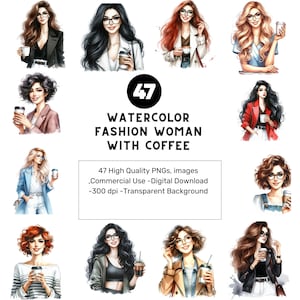 47 PNG Acquerello belle ragazze con caffè clipart - donna con una tazza di tè carta digitale-mood caffè grafica-accogliente illustrazioni