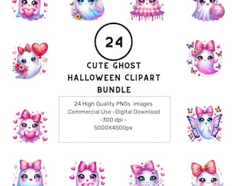 Pastel Pink Watercolor Ghost Clipart Bundle: Kawaii Halloween PNG Graphics