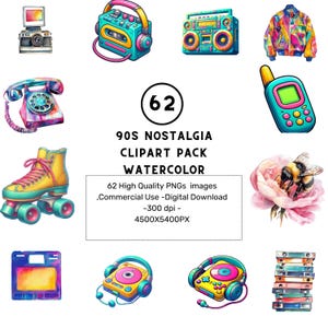 90s Nostalgia Clipart: Y2K Retro Watercolor PNGs (Digital Download)