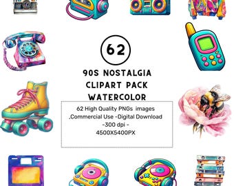 90s Nostalgia Clipart: Y2K Retro Watercolor PNGs (Digital Download)