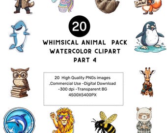 Whimsical Animal Clipart: Funny Watercolor PNG Stickers (Commercial License)