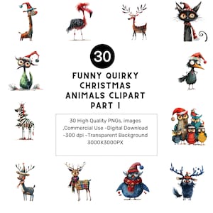 Whimsical Christmas Animals Clipart: Quirky PNG Illustrations (Digital Download
