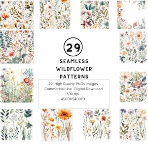 29 Seamless Wildflower Patterns - Dainty Watercolor Floral Digital Papers, Wildflower Backgrounds for Scrapbooking & Crafts