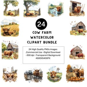 Highland Cow Watercolor Clipart Bundle: Rustic Farm PNGs (Digital Download)