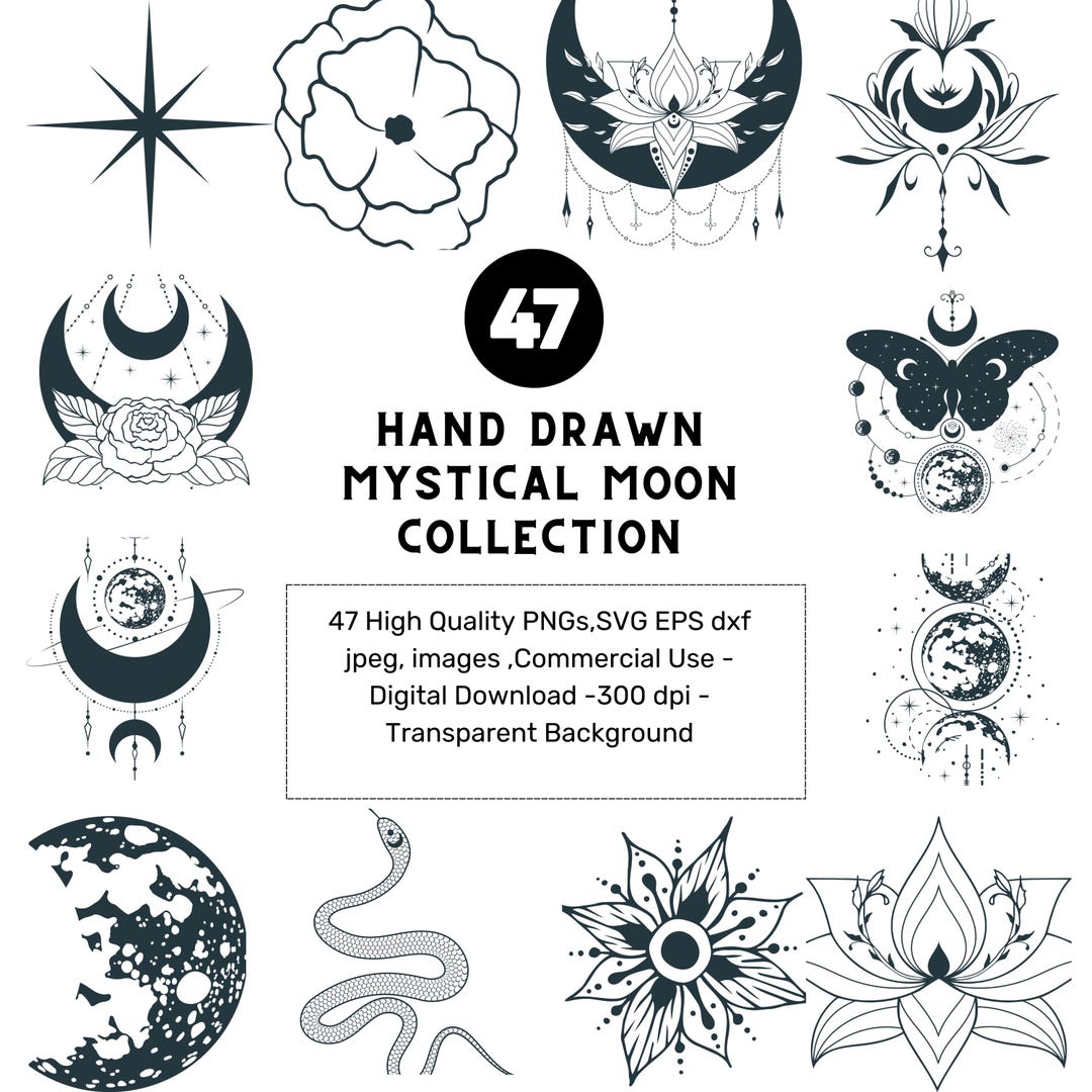47 ( SVG PNG EPS Dxf Jpeg ) Hand Drawn Mystical Moon Collection Graphic ...