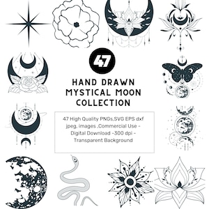Mystical Moon Graphics: Hand-Drawn Celestial Illustrations (Digital Download)