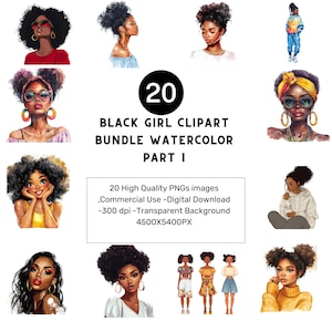 Black Girl Clipart Bundle: Fashionable Afro Girls, Watercolor PNG Graphics