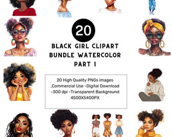 Black Girl Clipart Bundle: Fashionable Afro Girls, Watercolor PNG Graphics