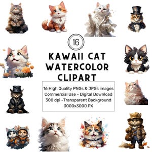 16 Kawaii Cat Watercolor Clipart ,  kitten png,cute Kitten png, Baby Kitten Clipart, Kitten clip art, commercial use,digital download
