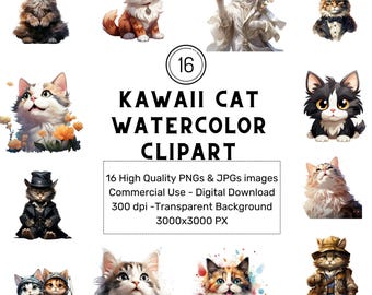 16 Kawaii Cat Watercolor Clipart ,  kitten png,cute Kitten png, Baby Kitten Clipart, Kitten clip art, commercial use,digital download